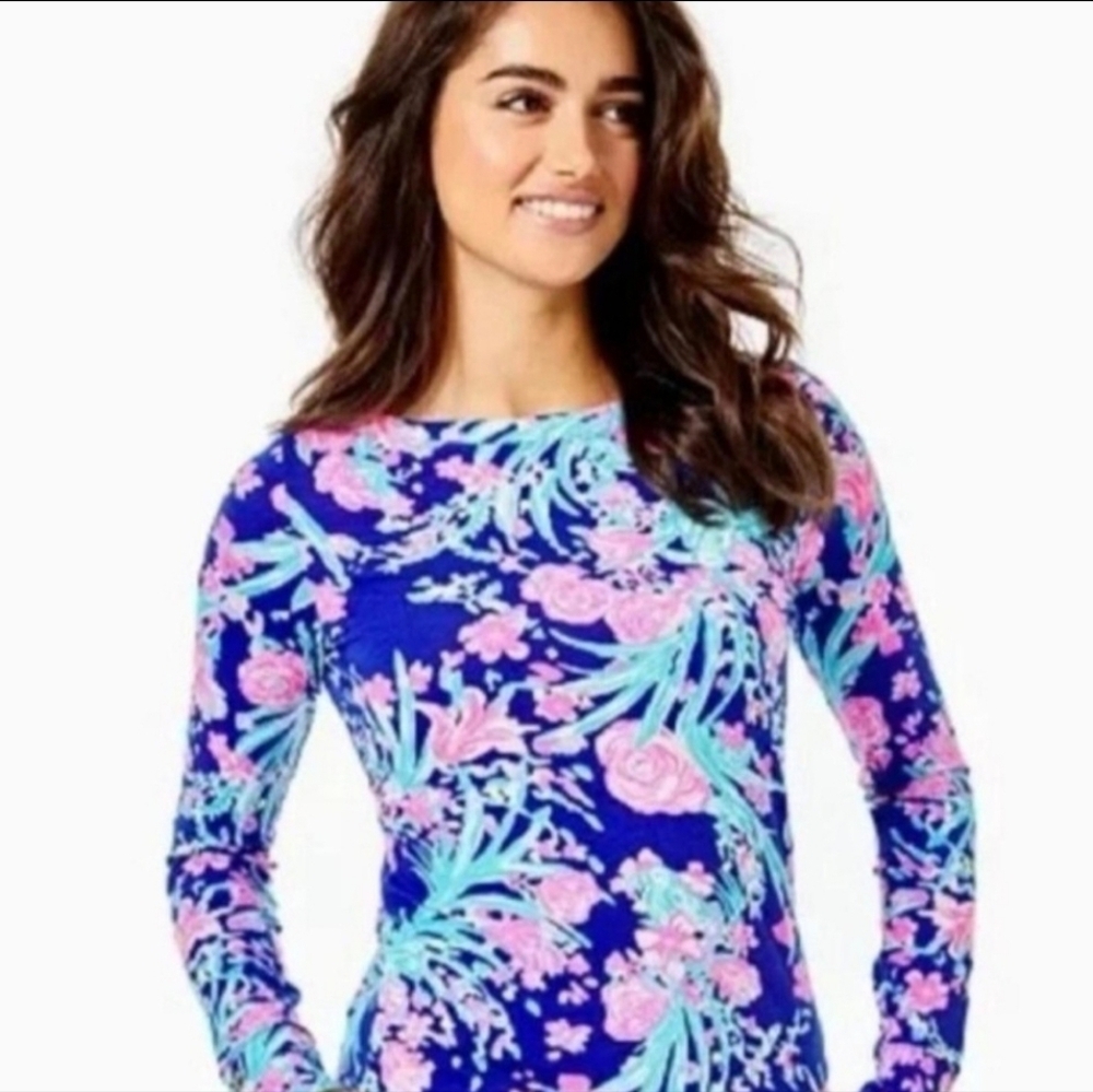 NWOT Lilly Pulitzer Finn Top Vibrant Blue Floral Long Sleeve Pink & Aqua Stretch